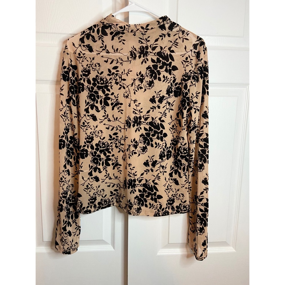 Beige Black Floral Flocked Velvet Mesh Mock Neck Long Sleeve Top